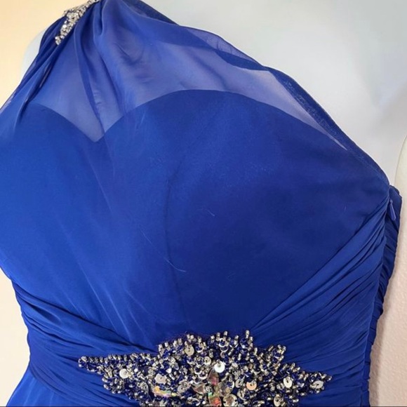 Mac Duggal One Shoulder Blue Formal Mini Dress Skater Beaded Sequins Size 14 - Picture 6 of 10